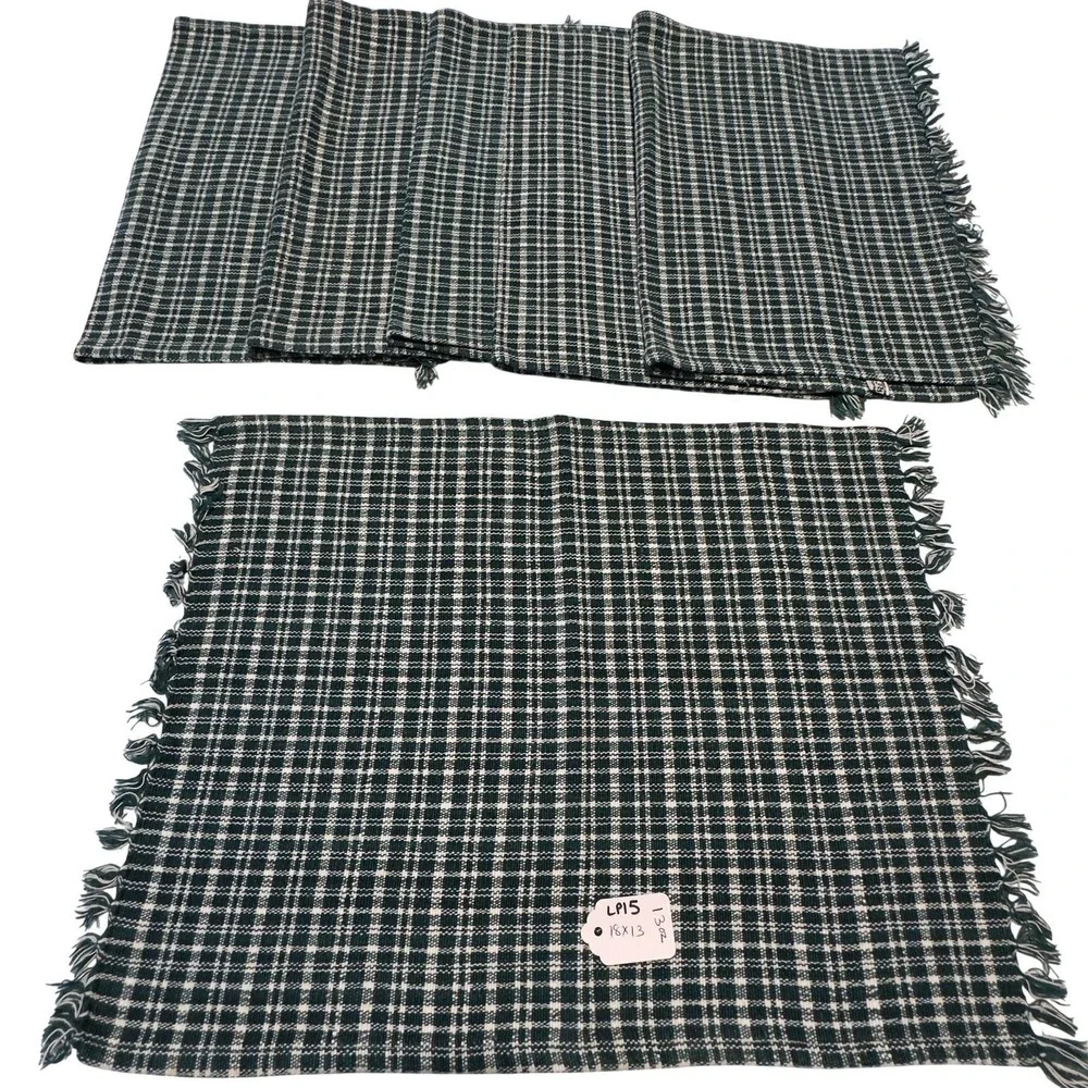 Primitive Green White Check Fringed Cotton Placemats Set of 4 Hand Loomed 18x13